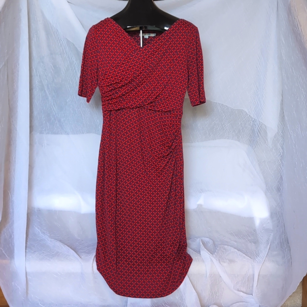 Boden Rita Ruched Tencel Shift Dress Red And Burple Geometric Print